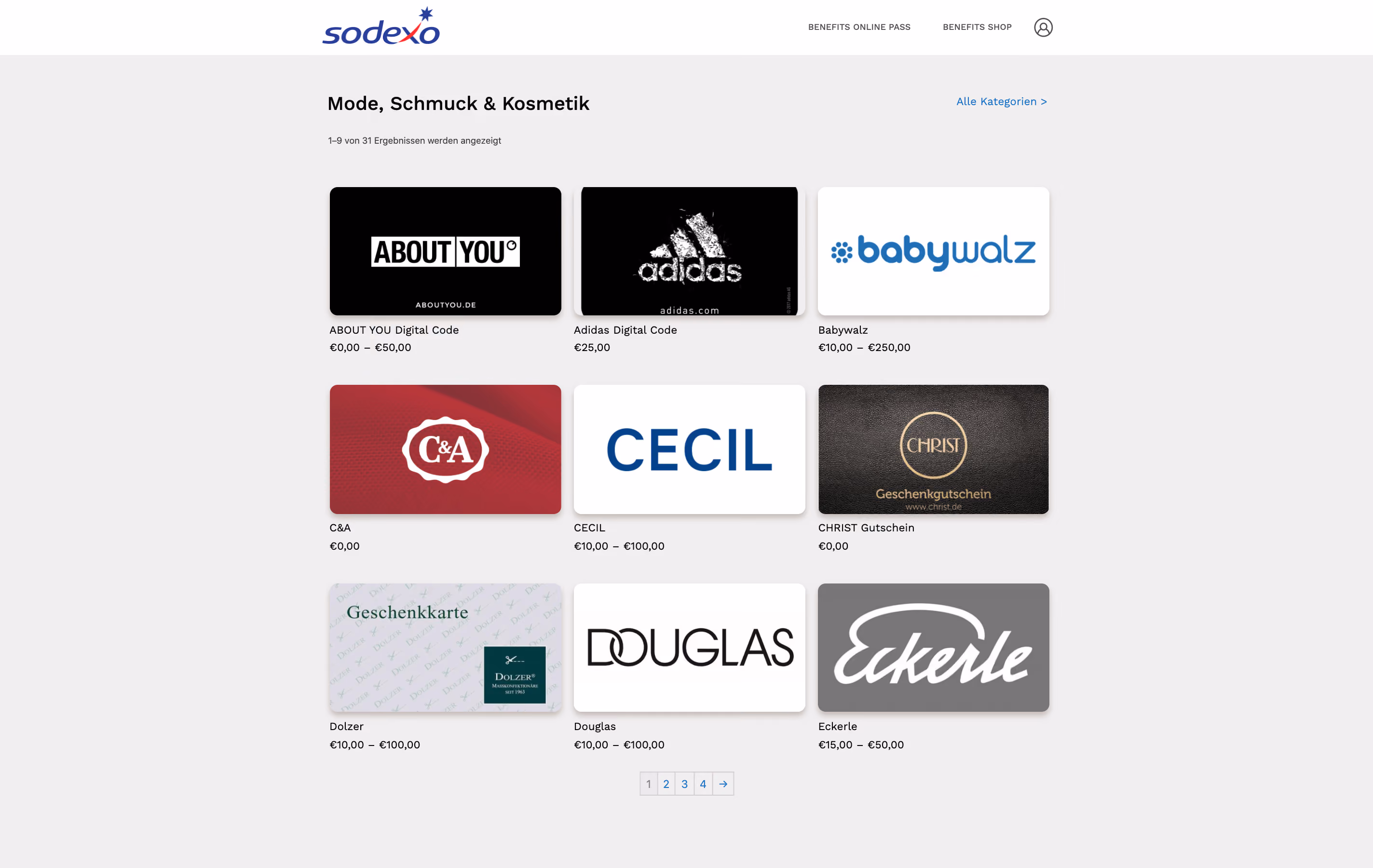 Sodexo Shopseite mit Markenlogos und Preisen für Mode, Schmuck und Kosmetik Gutscheine.
