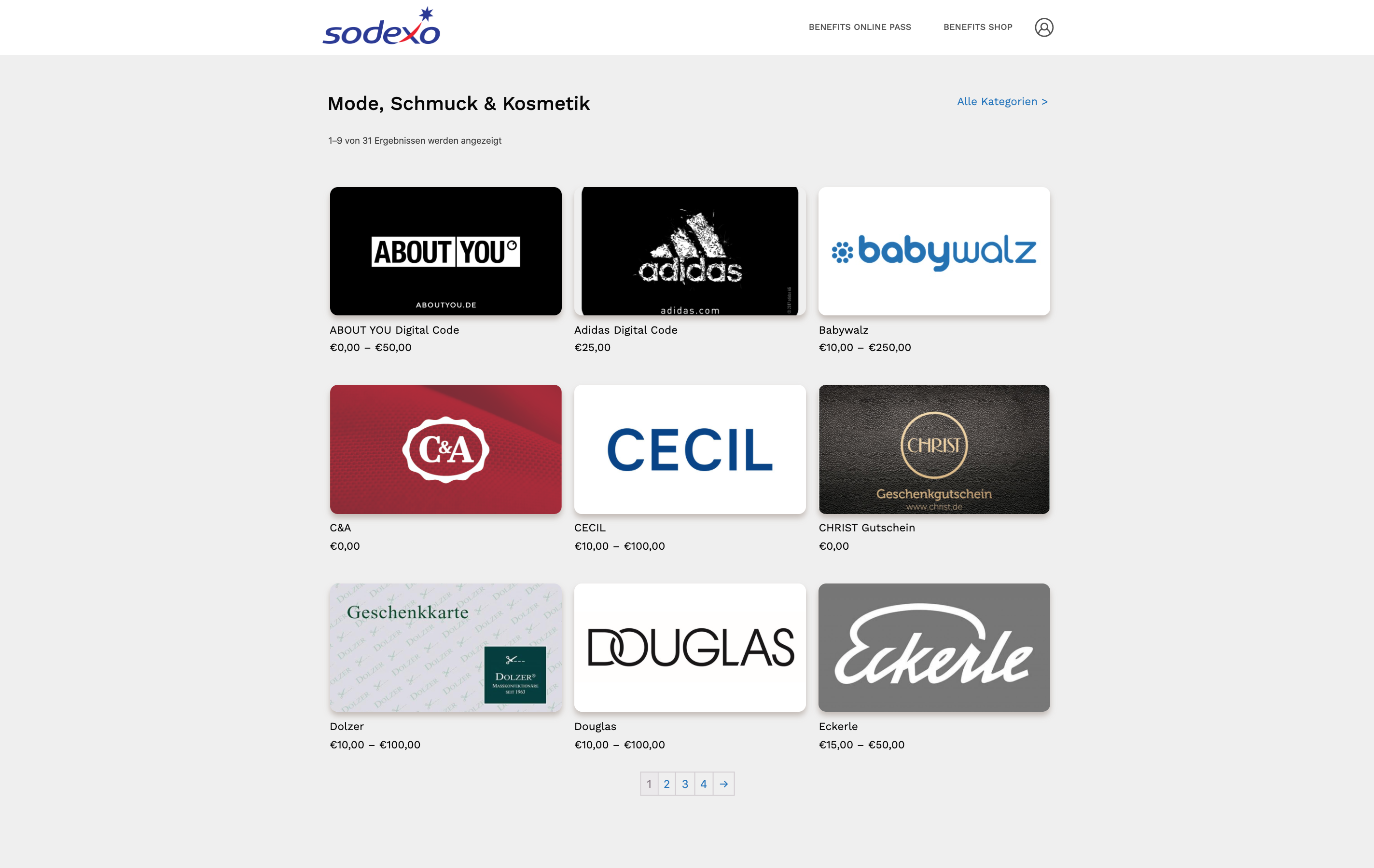 Sodexo Shopseite mit Markenlogos und Preisen für Mode, Schmuck und Kosmetik Gutscheine.