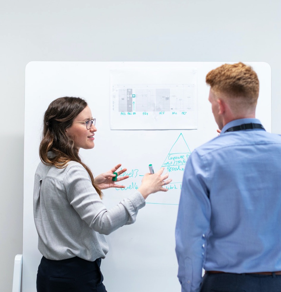 Frau erklärt Mann etwas an einem Whiteboard mit Notizen und Diagramm im Büro.