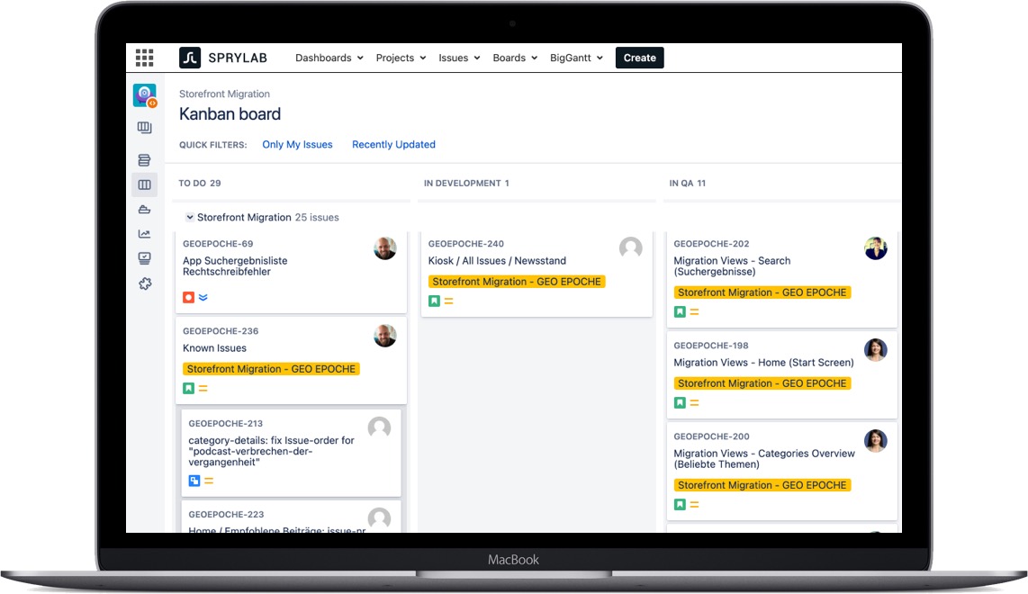 Kanban board on MacBook screen showing tasks for Storefront Migration with columns To Do, In Development, and In QA.