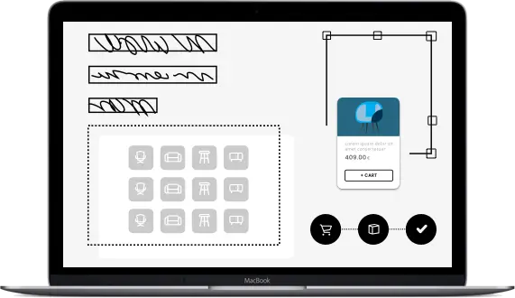 Laptop screen mockup showing UI with icons, a product card priced at 409 euros, and navigation buttons.