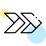 Schwarzes abstrahiertes Pfeilsymbol mit gelbem und blauem Kreis dahinter.