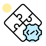 Vier Puzzleteile, eines blau mit Code-Symbol, Sonne oben links, Symbol für Integration.