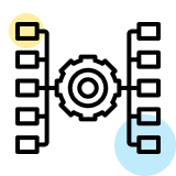 Symbol eines Zahnrads mit jeweils zwei vertikalen Listen auf beiden Seiten, verbunden durch Linien.