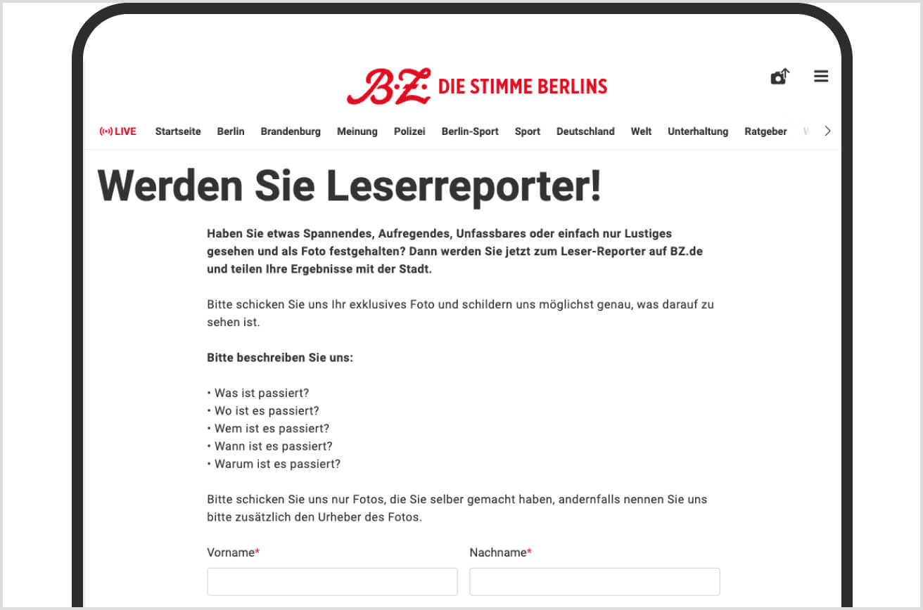 Aufruf der BZ Berlin, Leserreporter mit Fotos von spannenden, lustigen oder wichtigen Ereignissen zu werden.