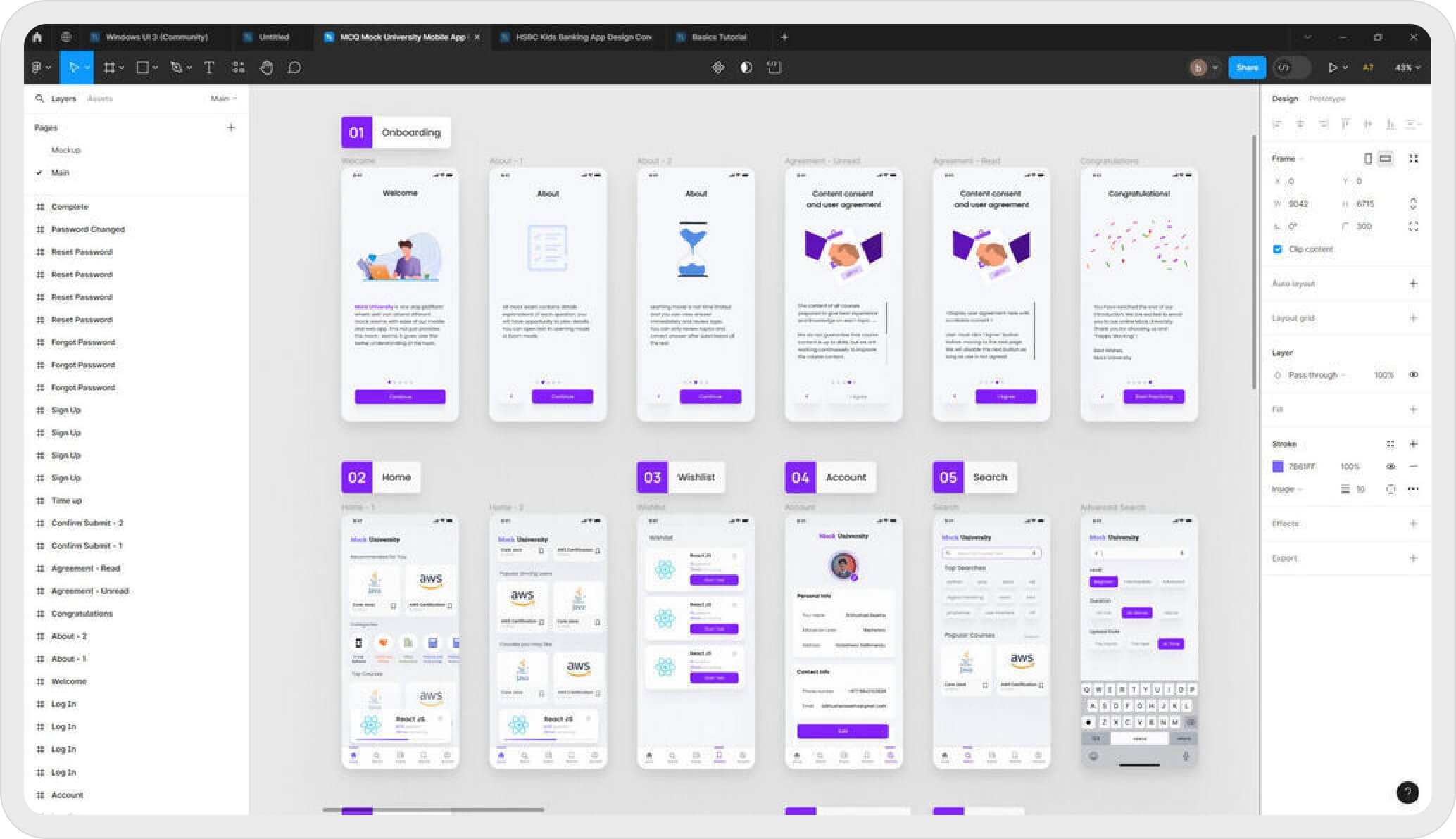 Design-Layout eines Universitäts-App-Prototyps mit Onboarding, Home, Wunschliste, Konto und Suchfunktionen.