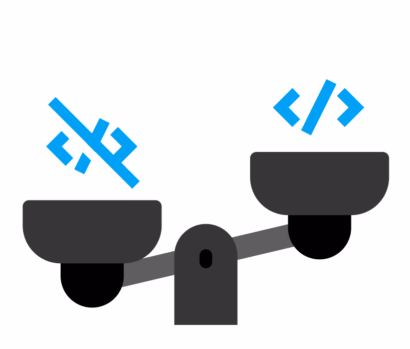 Waage mit zwei Schalen, links Code-Symbol mit durchgestrichenem Tag, rechts Code-Symbol ohne Durchstrich.