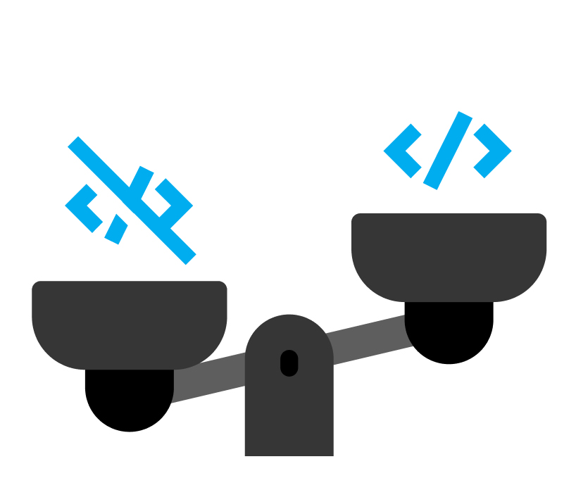 Waage mit zwei Schalen, links Code-Symbol mit durchgestrichenem Tag, rechts Code-Symbol ohne Durchstrich.