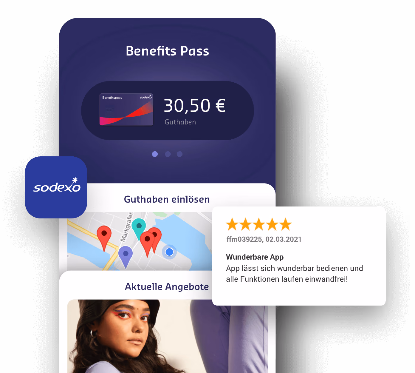 Sodexo Benefits Pass App mit Guthaben, Angebotskarte und positiver Nutzerbewertung.