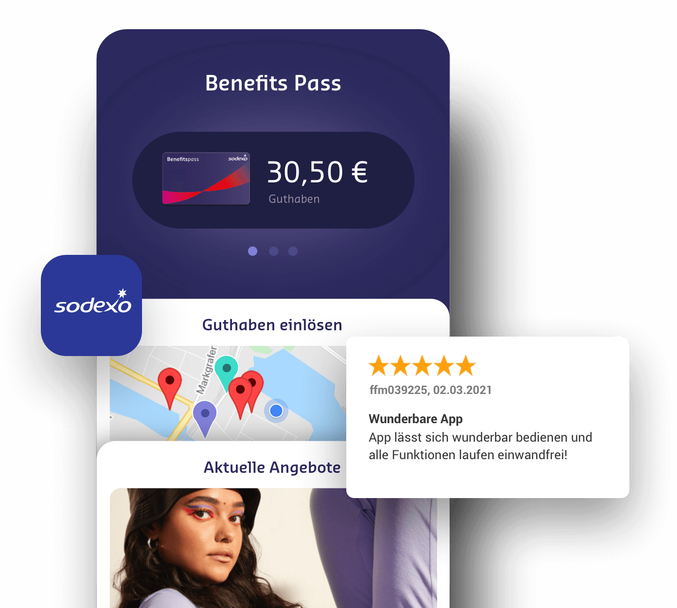 Sodexo Benefits Pass App mit Guthaben, Angebotskarte und positiver Nutzerbewertung.