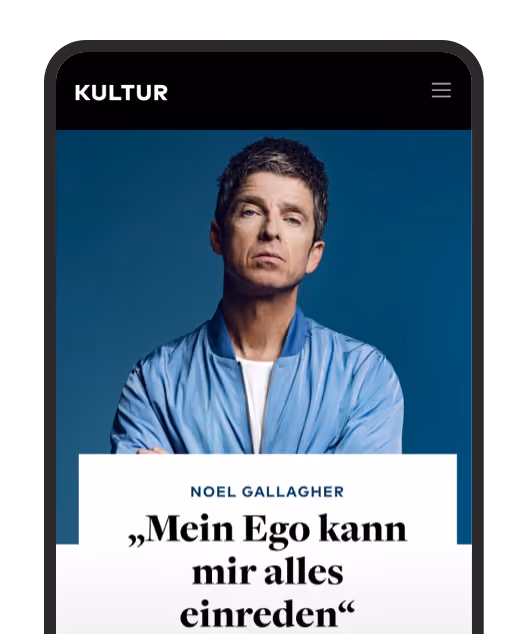 Porträt von Noel Gallagher vor blauem Hintergrund mit einem Zitat über sein Ego.