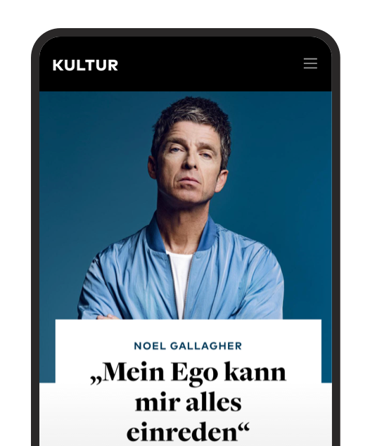 Porträt von Noel Gallagher vor blauem Hintergrund mit einem Zitat über sein Ego.