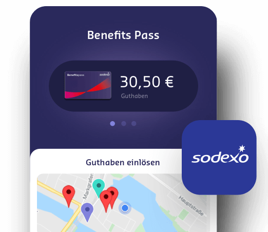 App-Bildschirm mit Benefits Pass Guthaben von 30,50 € und Karte mit Standortmarkierungen.