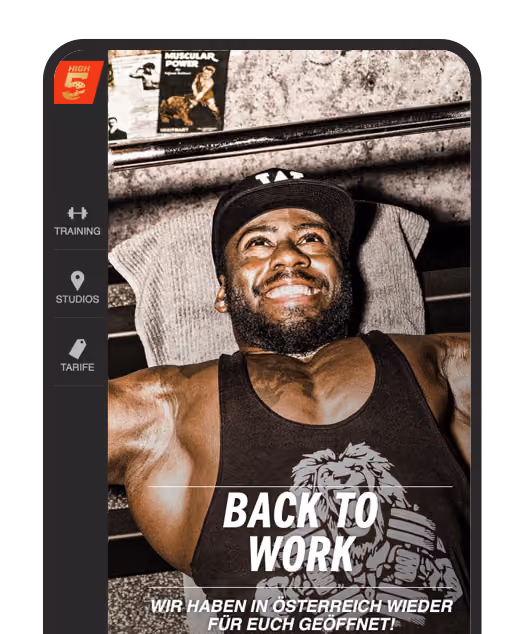 Mann trainiert mit einer Hantel, Text: Back to Work, Studios in Österreich wieder geöffnet.