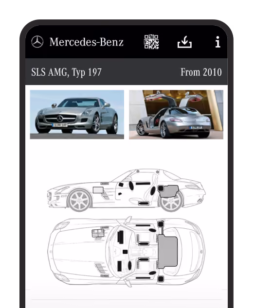 Mercedes-Benz SLS AMG Typ 197 ab 2010 mit Fotos und technischer Seiten- und Draufsichtzeichnung.