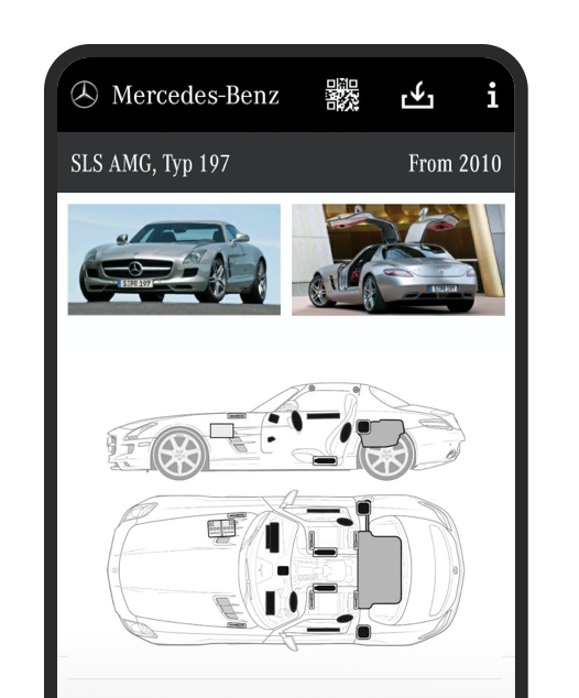 Mercedes-Benz SLS AMG Typ 197 ab 2010 mit Fotos und technischer Seiten- und Draufsichtzeichnung.