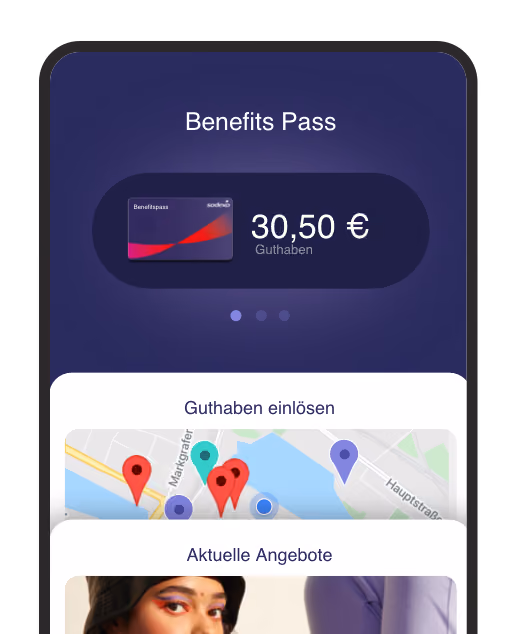 Smartphone screen showing Benefits Pass app with 30,50 € balance and map with location pins.