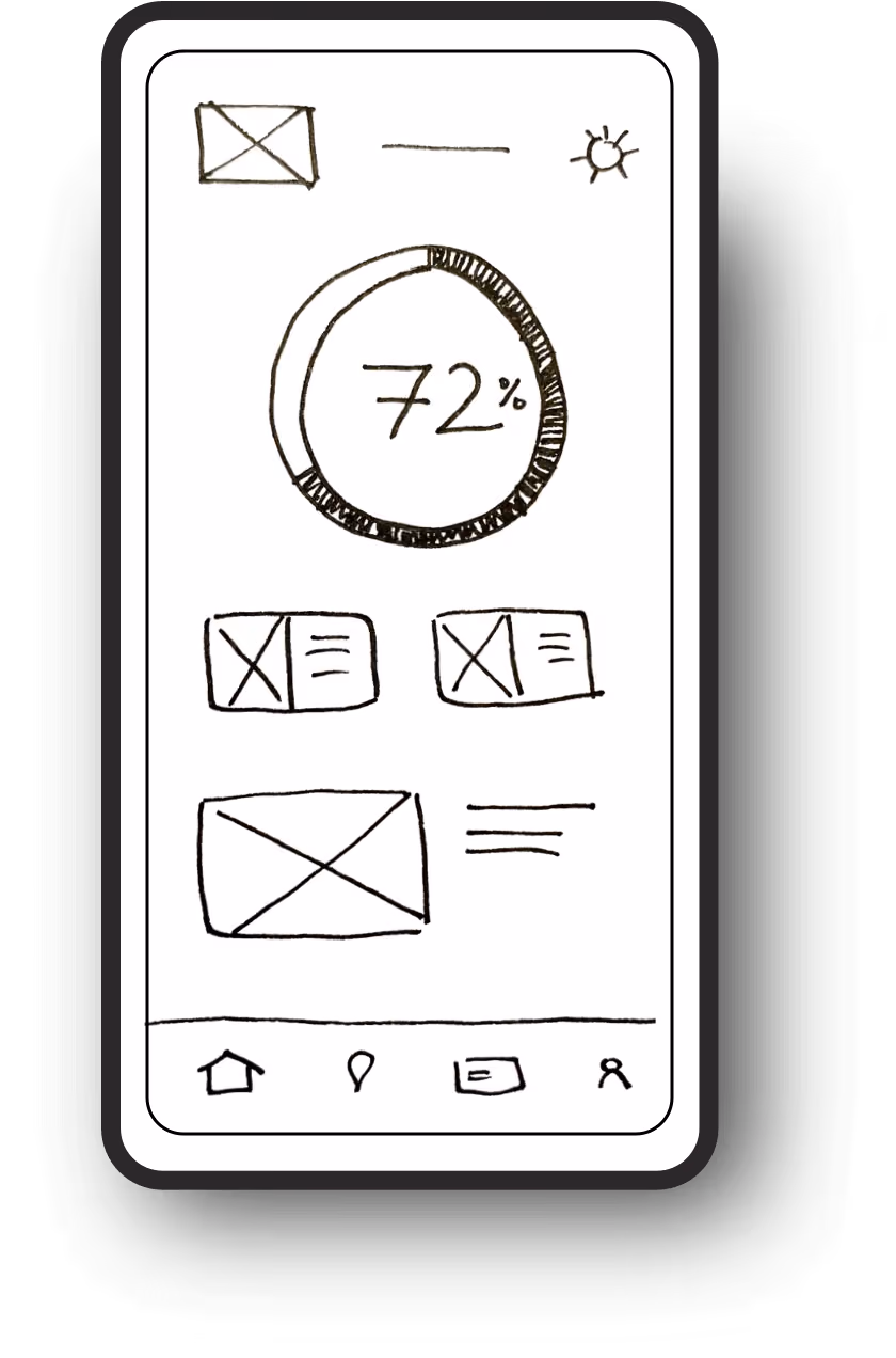 Handgezeichnetes Smartphone mit Statusanzeige 72%, Symbolen und Navigationselementen unten.