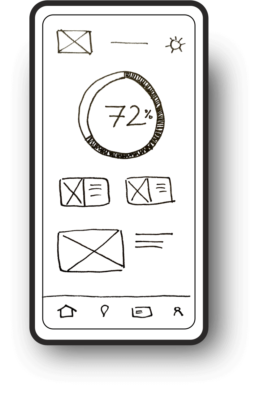 Handgezeichnetes Smartphone mit Statusanzeige 72%, Symbolen und Navigationselementen unten.