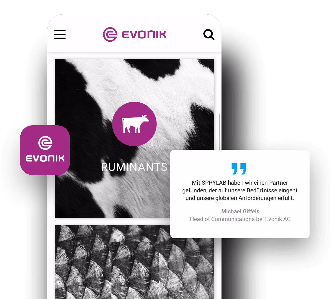 Evonik-App mit Themenübersicht und Kundenstimme zur Zusammenarbeit mit SPRYLAB.