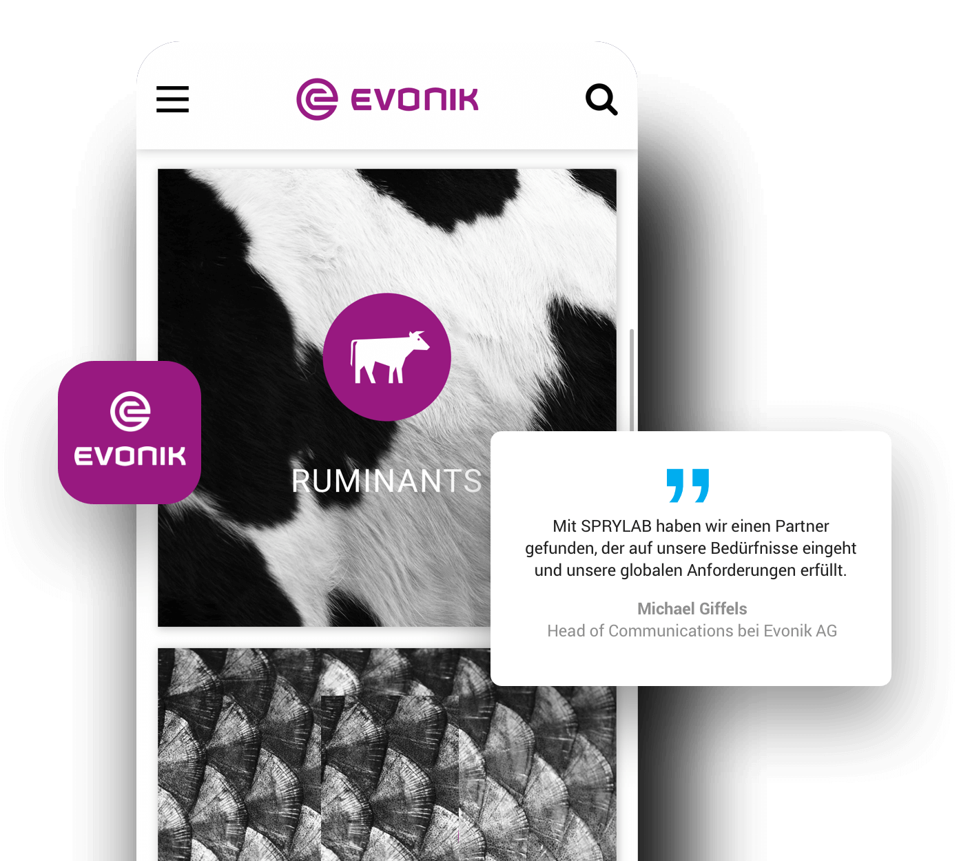 Evonik-App mit Themenübersicht und Kundenstimme zur Zusammenarbeit mit SPRYLAB.