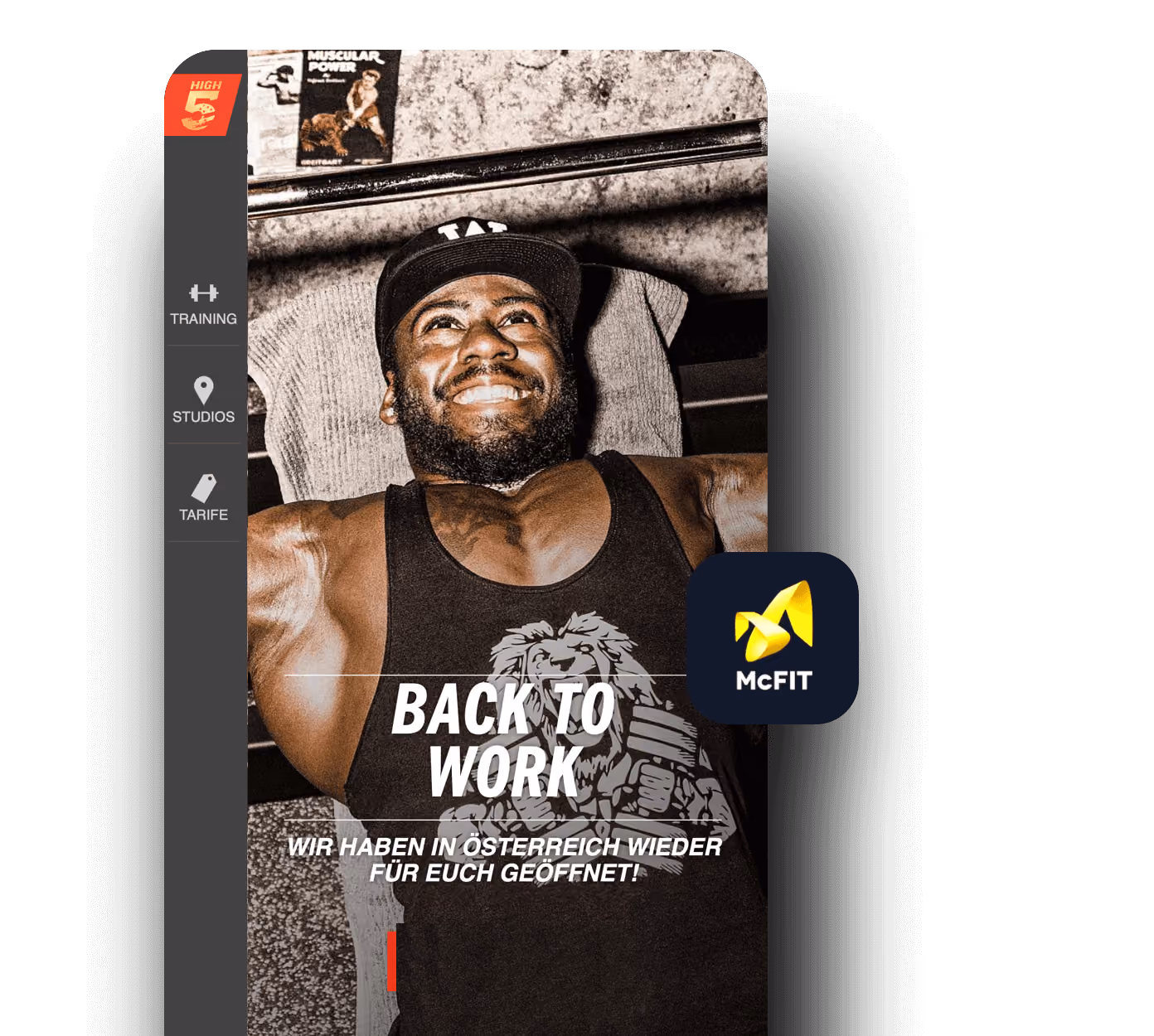 McFIT-App mit Trainingsbereich und Motiv eines Sportlers im Fitnessstudio.