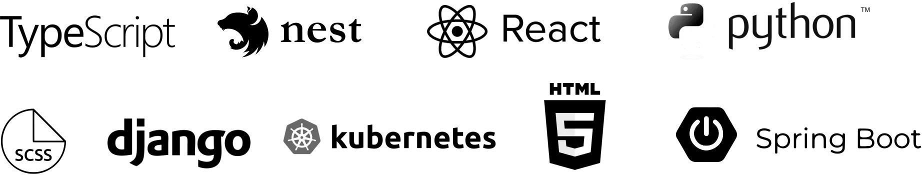 Logos der Programmiersprachen und Technologien: Python, Kubernetes, HTML5, Power, und weitere Symbole.