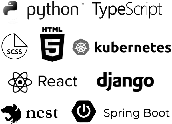 Logos von Python, HTML5, Kubernetes, Power und weiteren Technologien auf schwarzem Hintergrund.