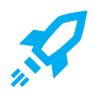 Blauer Raketen-Emoji, der nach oben startet mit Feuerstrahlen.