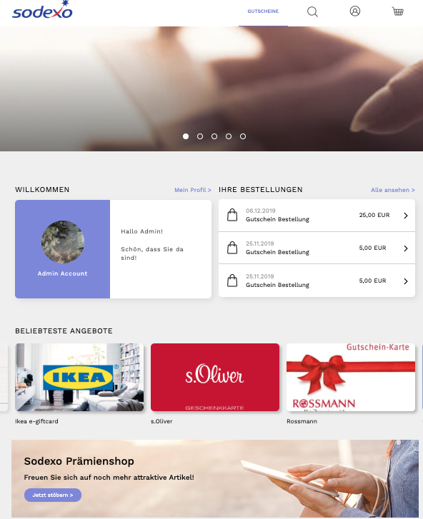 Dashboard der Sodexo Webseite mit Kontoübersicht, Bestellungen und beliebten Gutscheinen von Ikea, s.Oliver und Rossmann.