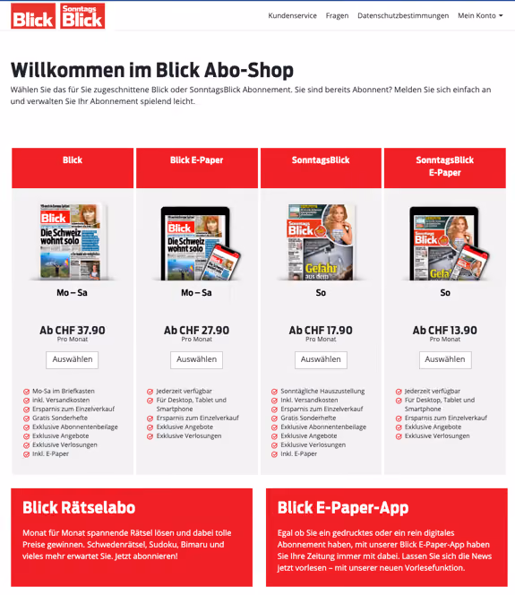 Blick Abo-Shop mit vier Abonnements: Blick, Blick E-Paper, SonntagsBlick, SonntagsBlick E-Paper, Preise und Infos.