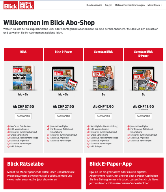 Blick Abo-Shop mit vier Abonnements: Blick, Blick E-Paper, SonntagsBlick, SonntagsBlick E-Paper, Preise und Infos.