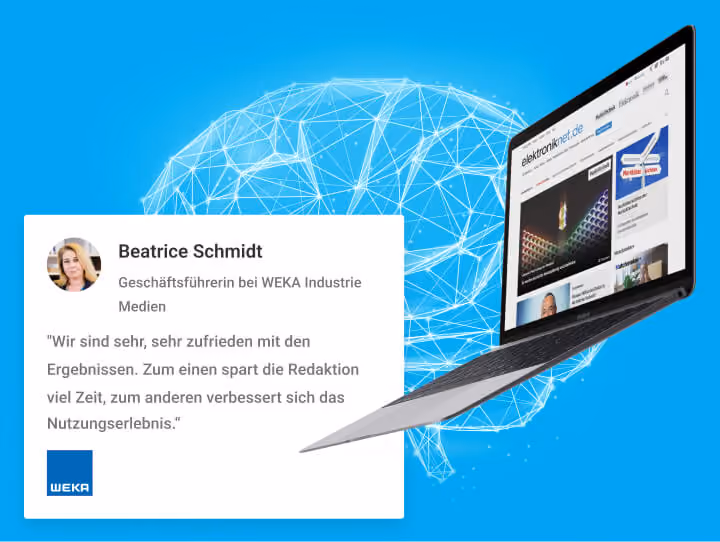 Laptop vor blauem Hintergrund mit digitalem Netzwerk und Zitat von Beatrice Schmidt, Geschäftsführerin bei WEKA.