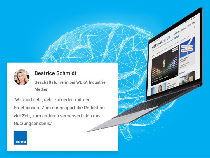 Laptop vor blauem Hintergrund mit digitalem Netzwerk und Zitat von Beatrice Schmidt, Geschäftsführerin bei WEKA.
