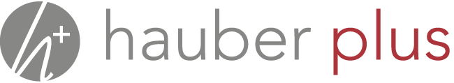 Hauber plus Logo mit grauem Kreis und rotem Schriftzug.