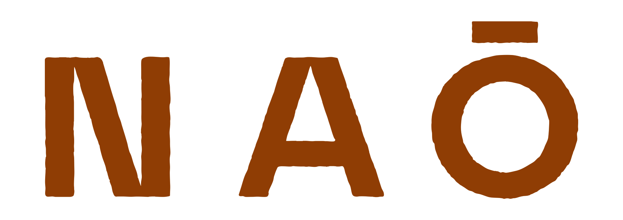 Texte stylisé marron formant les lettres N, A, et Ō sur fond beige.