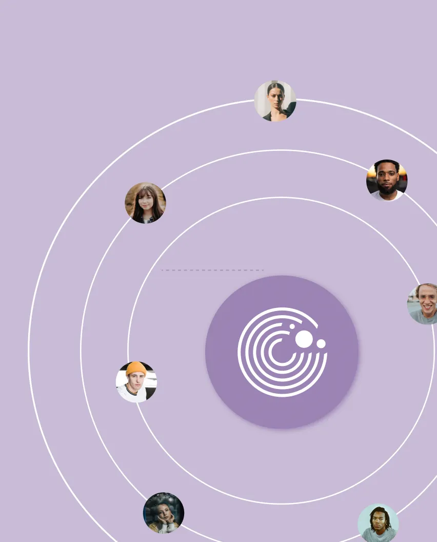 Circular network design with seven profile photos orbiting a central technology icon on purple background.