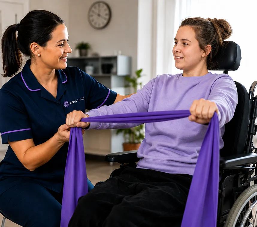 Caregiver helping woman in wheelchair exercise using a purple resistance band indoors.