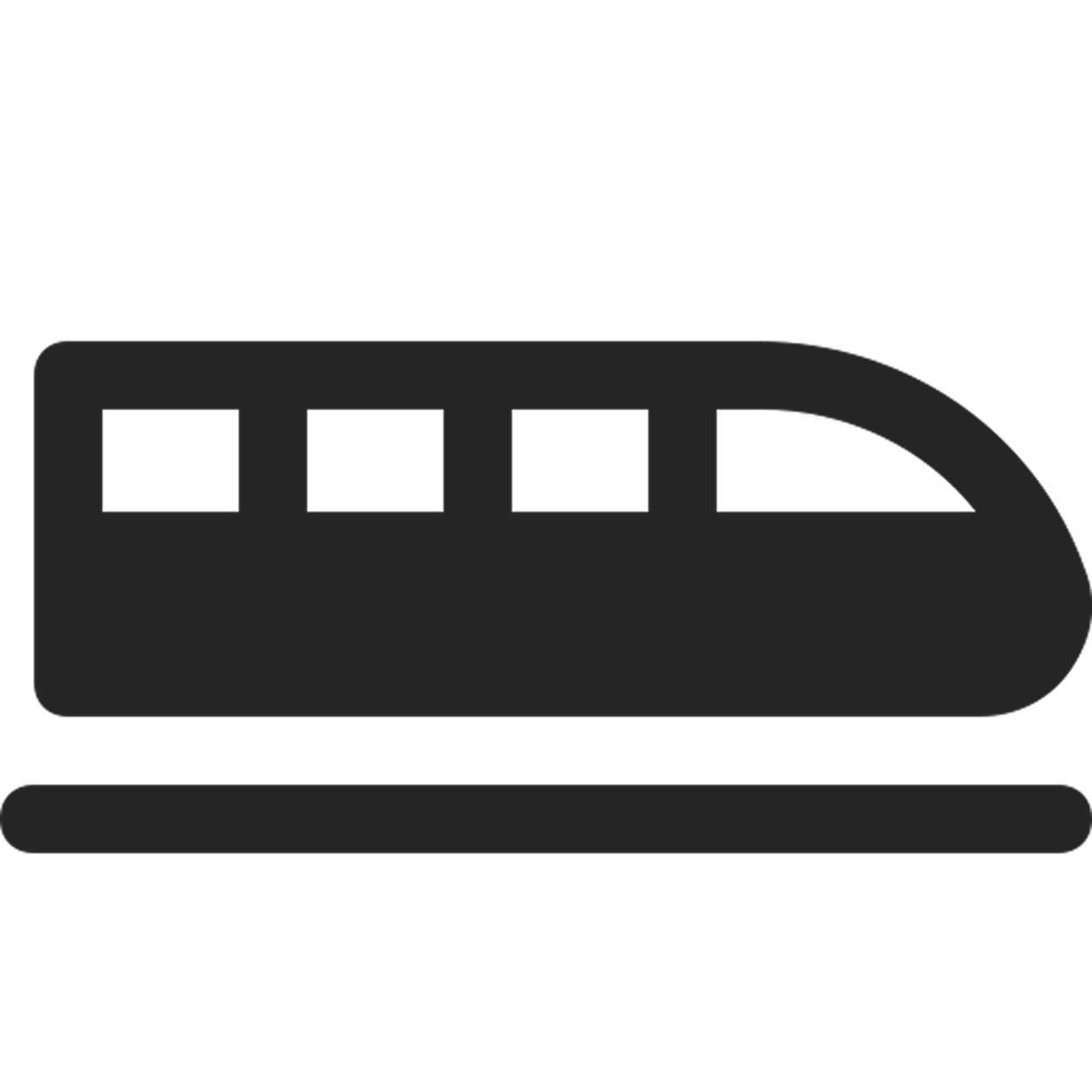 Icône de train moderne avec trois fenêtres et voie en dessous.