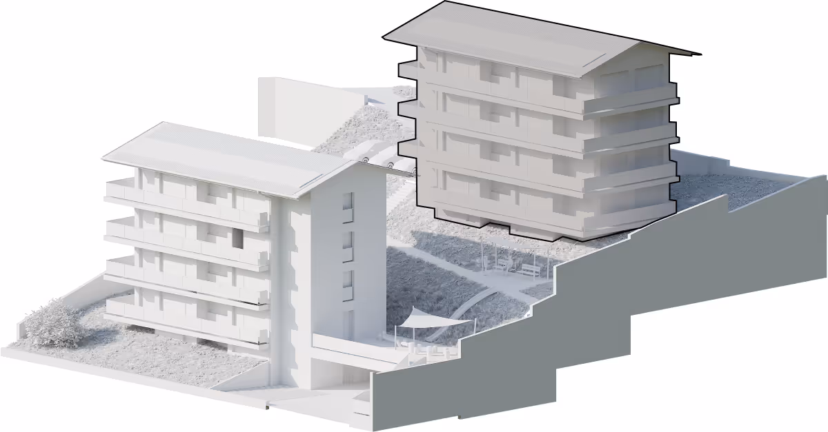 Modèle 3D de deux immeubles résidentiels avec terrasses, chemins et végétation autour.
