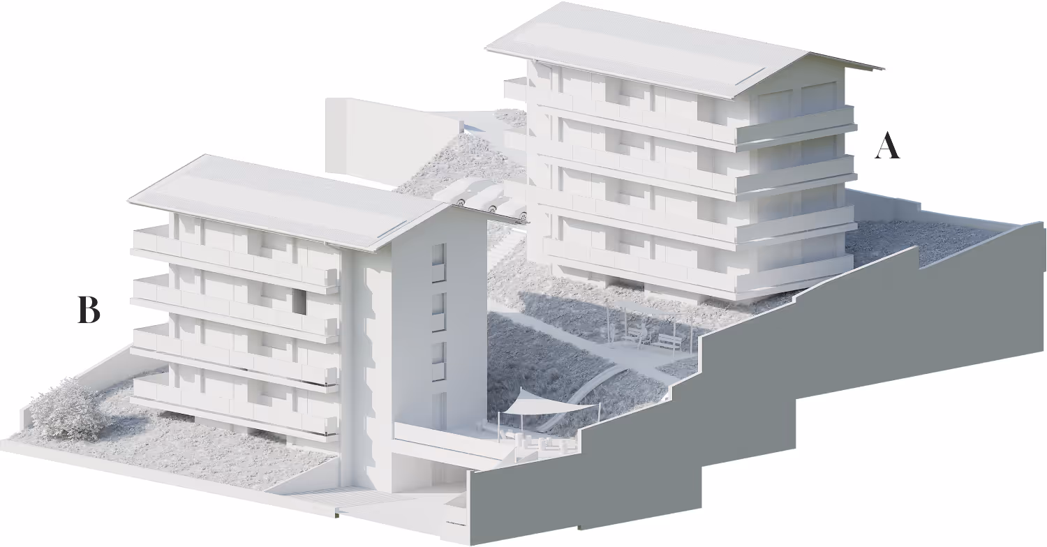 Modèle 3D montrant deux bâtiments résidentiels étiquetés A et B sur un terrain en pente.