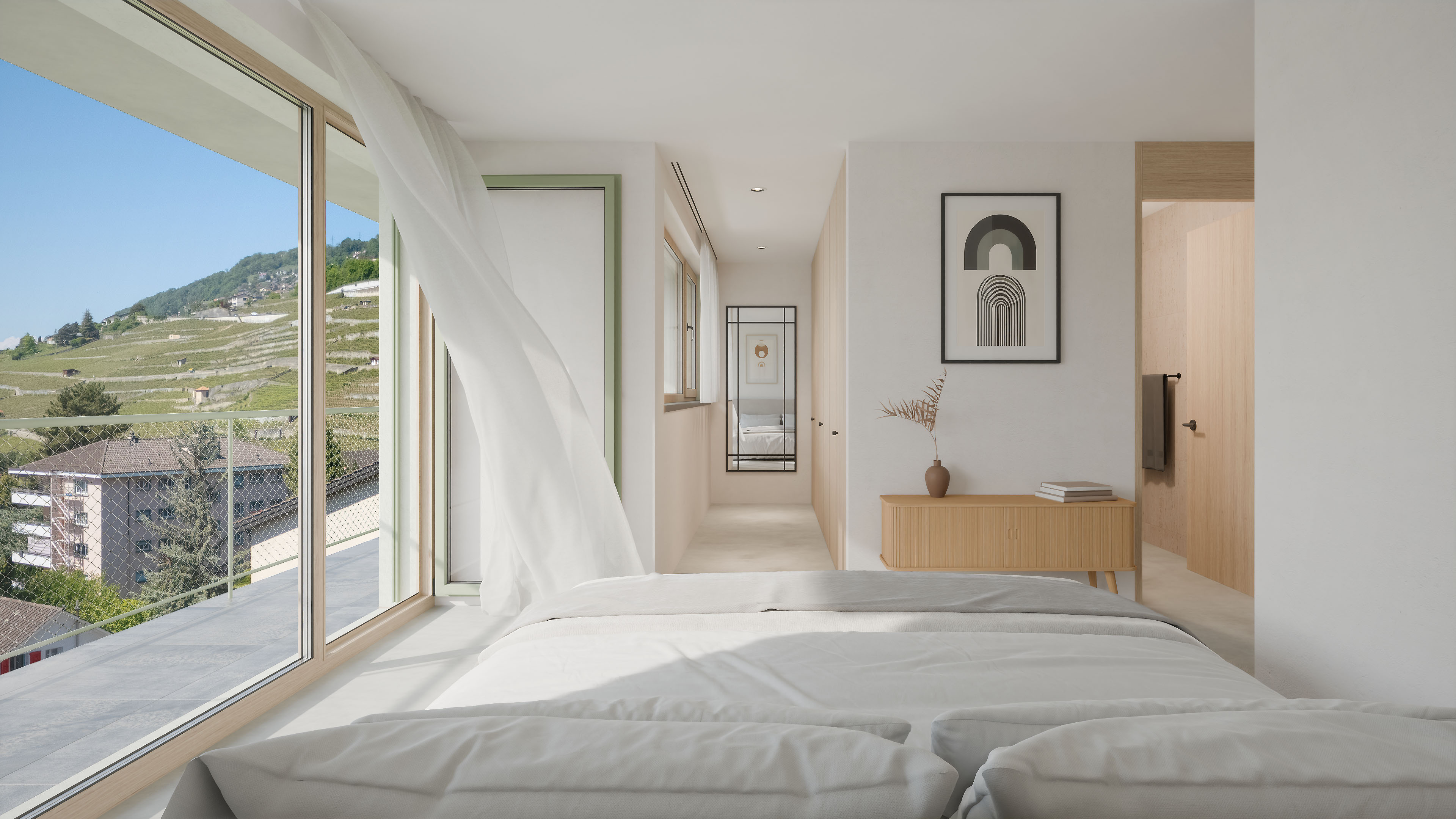 Chambre lumineuse avec lit blanc, grande fenêtre ouverte et vue sur vignobles en terrasses.