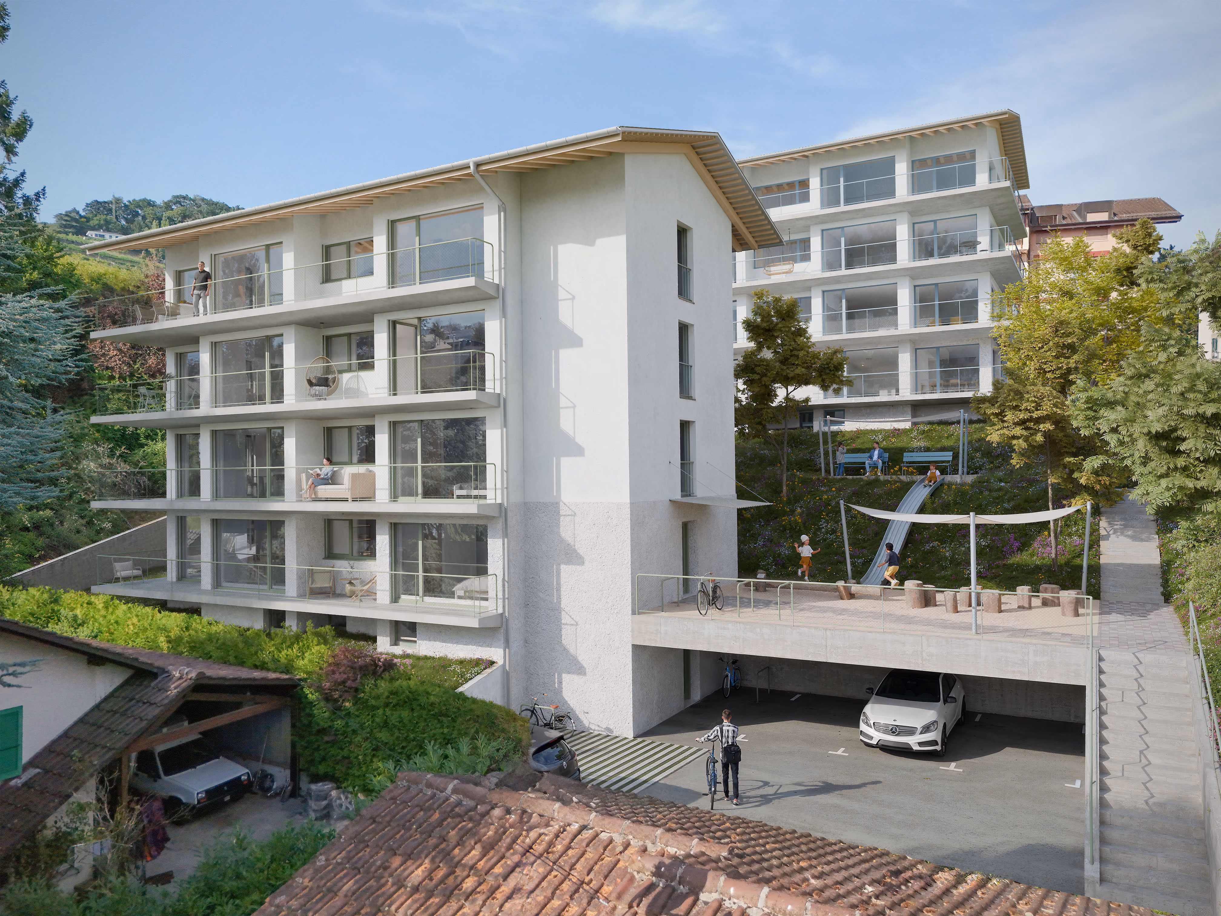 Immeuble moderne avec balcons, parking souterrain, aire de jeux et personnes dans un environnement verdoyant.