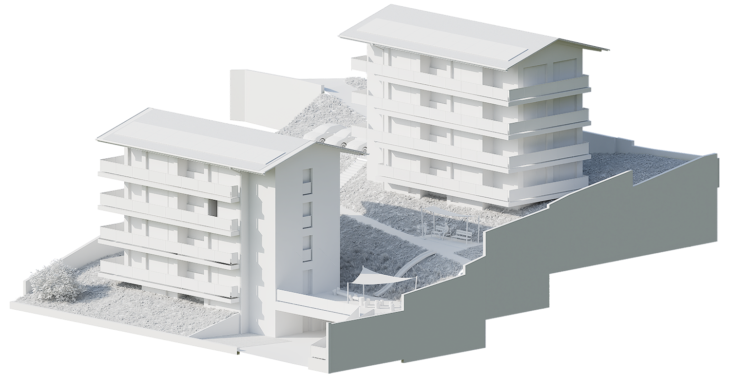 Maquette blanche montrant deux immeubles résidentiels avec balcons, chemins et voitures sur un terrain en pente.