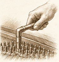 Gravure d’une main accordant un piano avec une clé d’accord