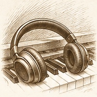 Gravure d’un casque posé sur un clavier de piano