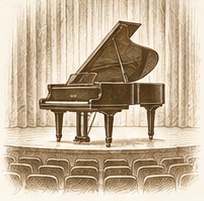 Gravure d’un piano à queue sur une scène de concert