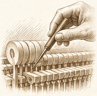Gravure du travail d’harmonisation des marteaux d’un piano