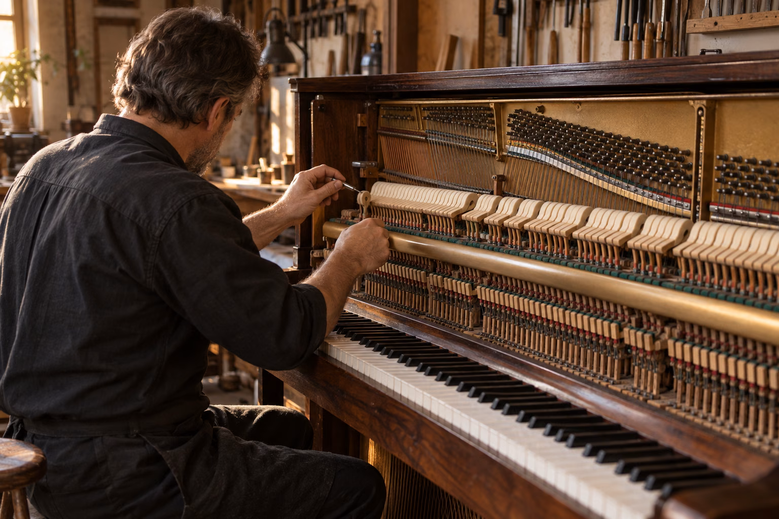 Illustration d’un artisan examinant la mécanique d’un piano droit en atelier