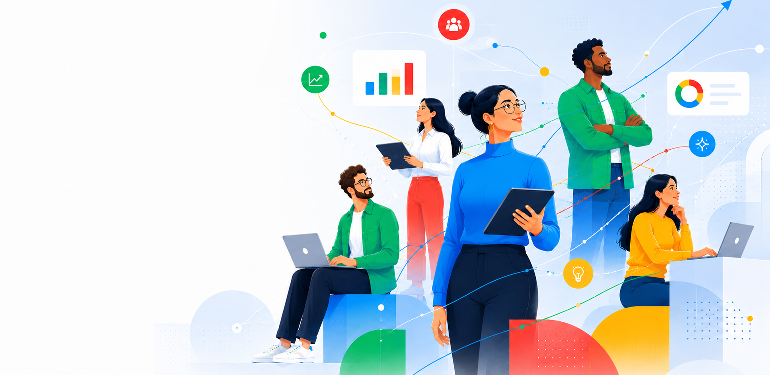 Five diverse professionals with laptops and tablets analyzing graphs and data in a connected workspace.